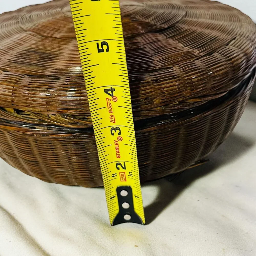 Vintage 1950's Sewing Basket with Lid Yarn & Needles Woven Rattan Sewing Storage